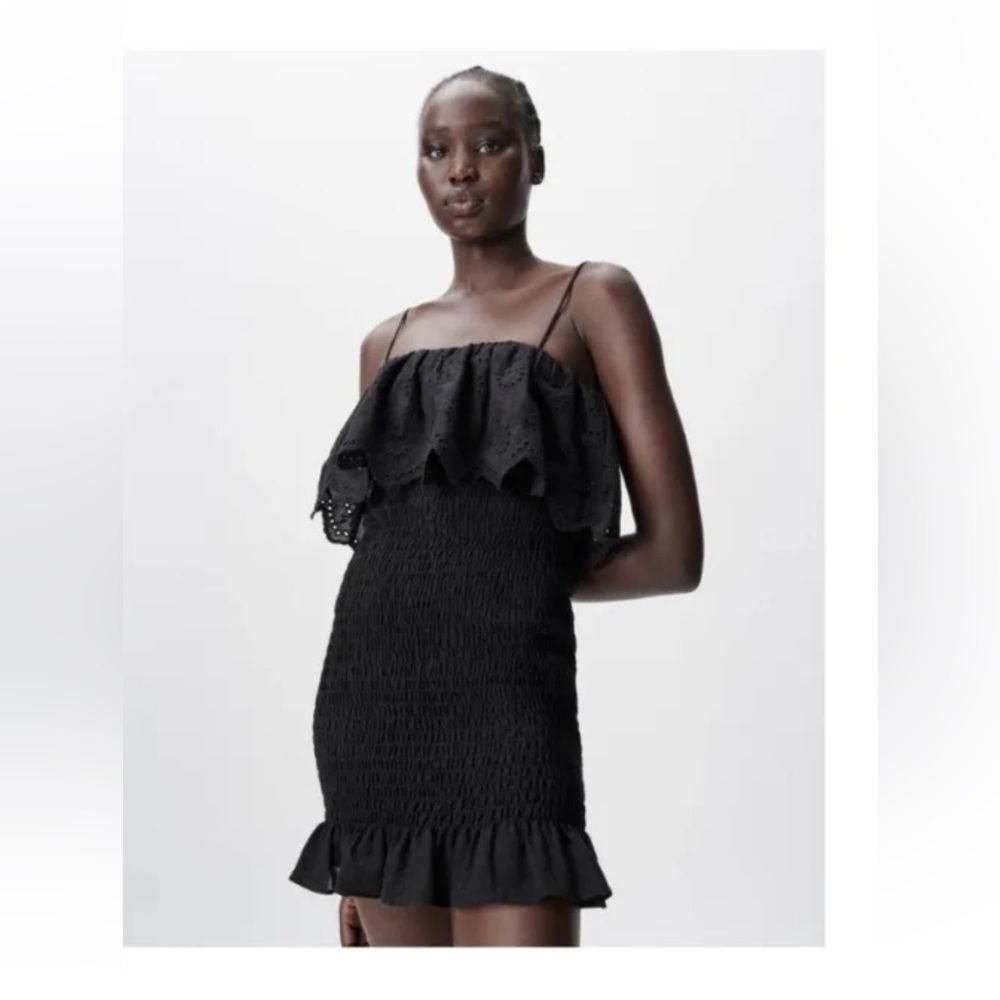 Zara Eyelet Dress Ruffled Off Shoulder Bodycon Black Size Small
